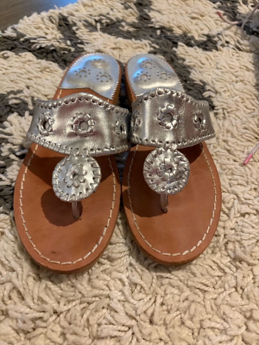 Jack Rogers Silver Metallic Leather Thong Sandals